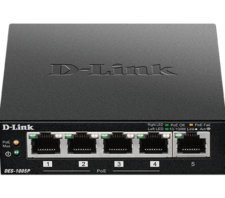 D-Link DES-1005P Desktop Unmanaged PoE+ Switch, 5-Port Fast Ethernet