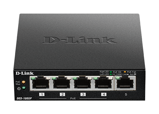D-Link DES-1005P Desktop Unmanaged PoE+ Switch, 5-Port Fast Ethernet
